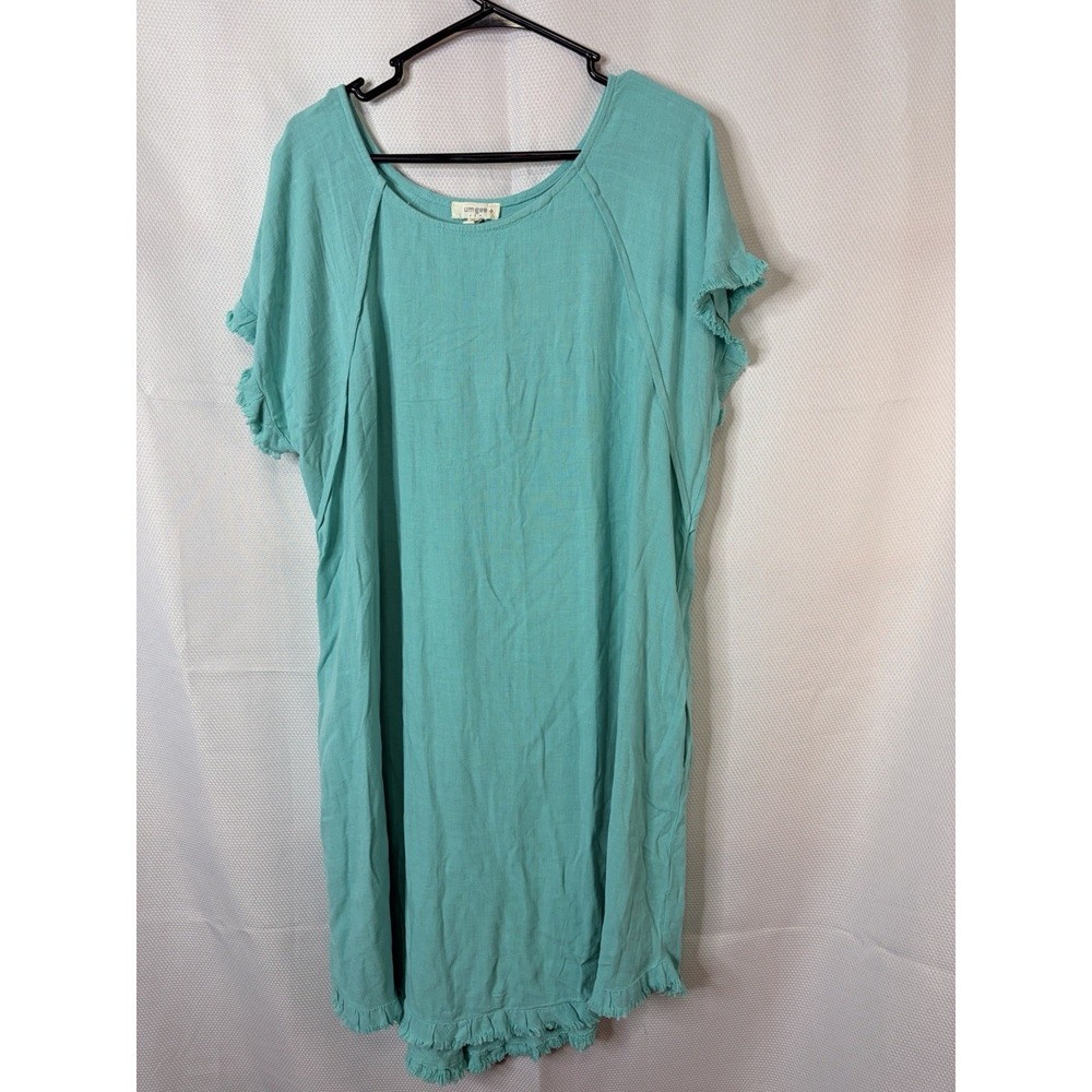 Umgee Women XLHigh Low Dress Turquoise Teal Frayed Hem Linen Cotton Short Sleeve